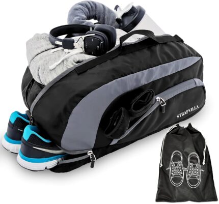 STRAPVILLA Gym Bag for Men with Shoe Compartment | Gym Bag for Women Workout | Duffle Bags for Gym | Sports Bag for Boys | Football Gym Duffle Bag | Travel Duffel Bag for Men | Black 31L