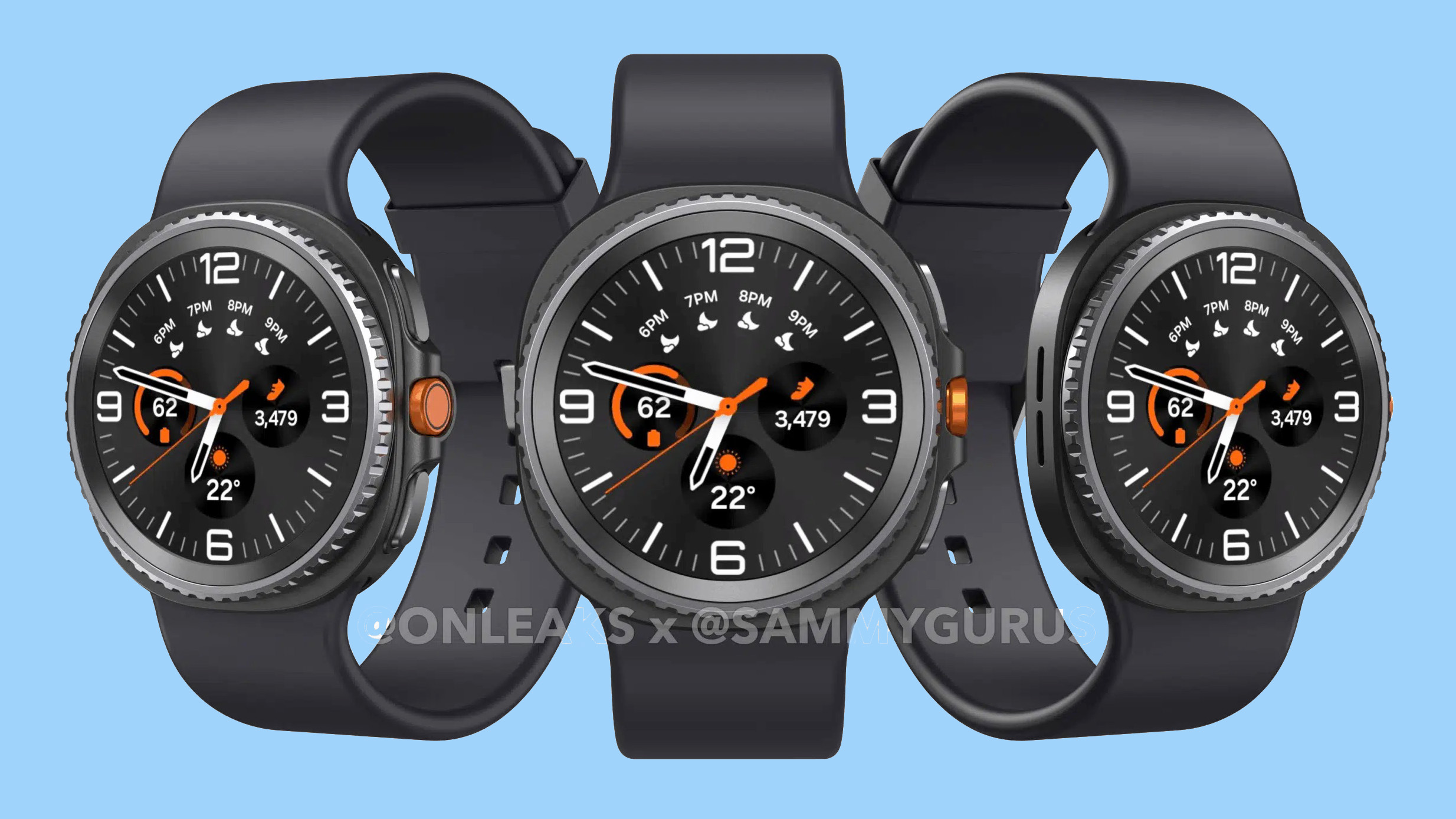 Renders of the Samsung Galaxy Watch 8 Classic on a blue background