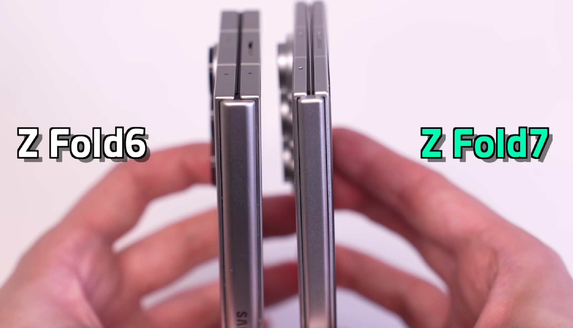 An alleged Samsung Galaxy Z Fold 7 alongside a Samsung Galaxy Z Fold 6 in a comparison video on The Sinza's YouTube channel.