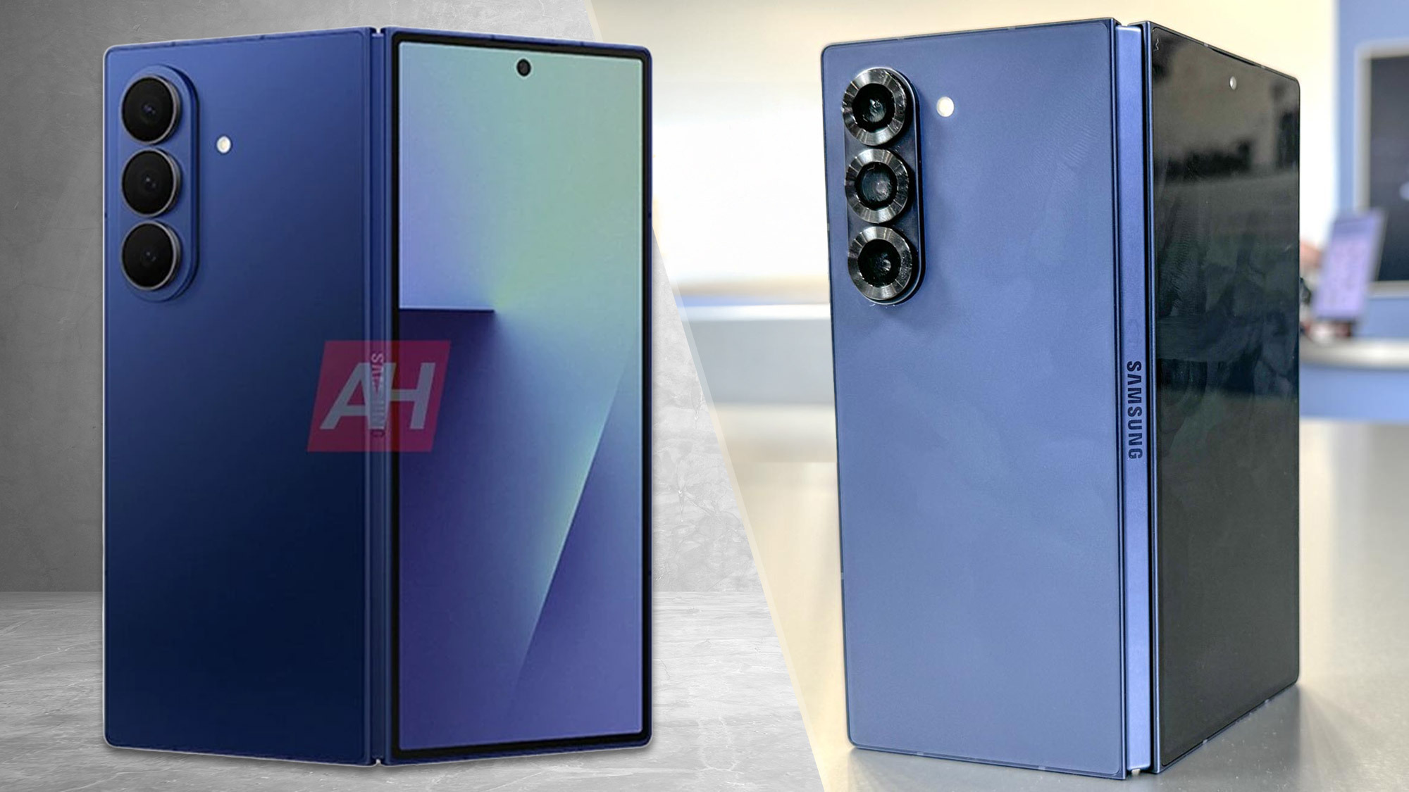Galaxy Z Fold 7 render from Android Headlines next to Galaxy Z Fold 6