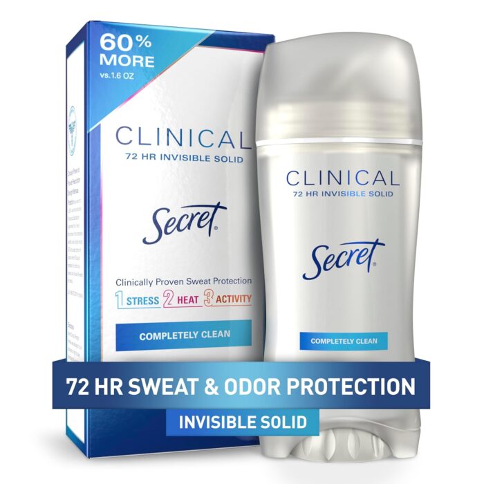 Secret Clinical Strength Deodorant and Antiperspirant for Women, Invisible Solid, Completely Clean, 2.6 Oz.