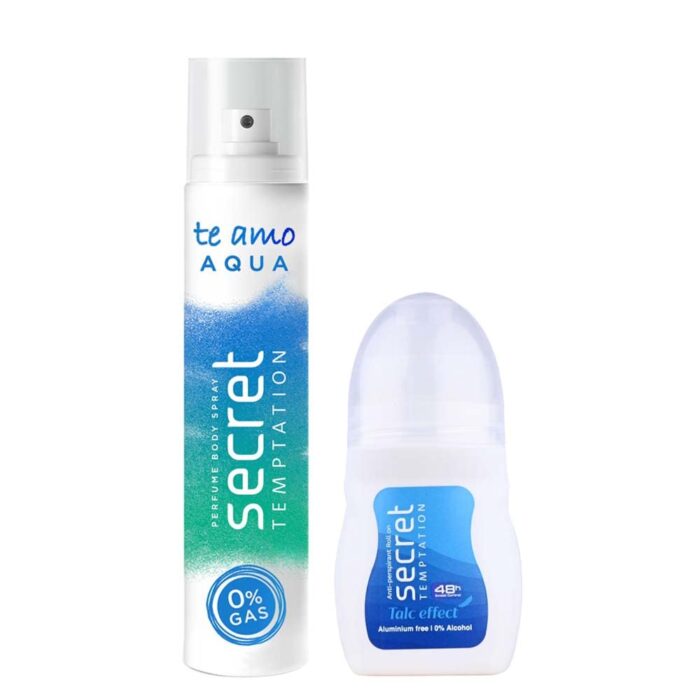 Secret Temptation Talc Effect Deodorant Roll-on, 50ml and Te Amo Aqua No Gas Perfume Body Spray 120ml,Pack of 2