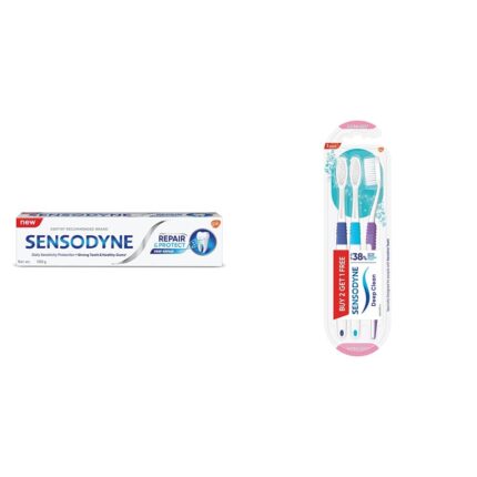 Sensodyne Sensitivity Relief Toothpaste: Repair & Protect Sensitive Toothpaste for daily repair, Dentist Recommended Brand, 100 gram & Sensodyne Deep Clean Brush Super Saver Pack (Buy 2, Get 1 Free)
