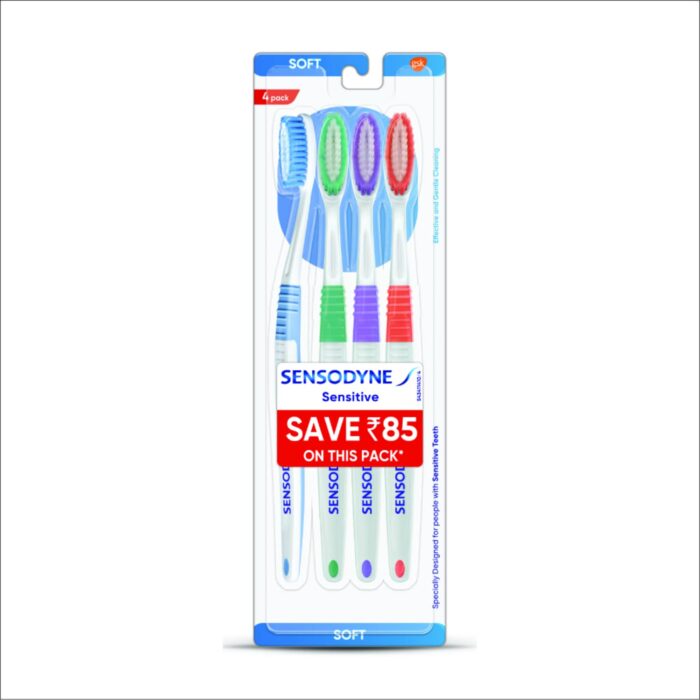 Sensodyne Toothpaste Complete Protection+, All in One daily oral care tooth paste for sensitive teeth, 70 gm & Sensitive Manual Toothbrush with Soft Bristles for adult Pack - 4 Pieces,Multicolor