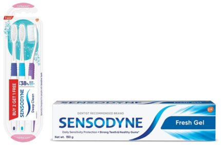 Sensodyne Toothpaste Fresh Gel, Sensitive tooth paste for daily sensitivity protection, 150 gm & Sensodyne Deep Clean Manual Brush Super Saver Pack for adult (Multicolor, Pack of Buy 2, Get 1 Free)
