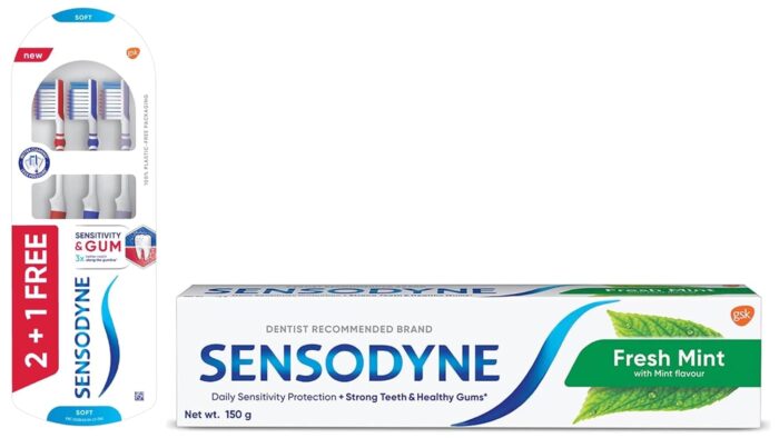 Sensodyne Toothpaste Fresh Mint, Sensitive tooth paste for daily sensitivity protection, 150 gm & Sensodyne Sensitivity & Gum Manual Toothbrush, 107.6 g,Multicolor