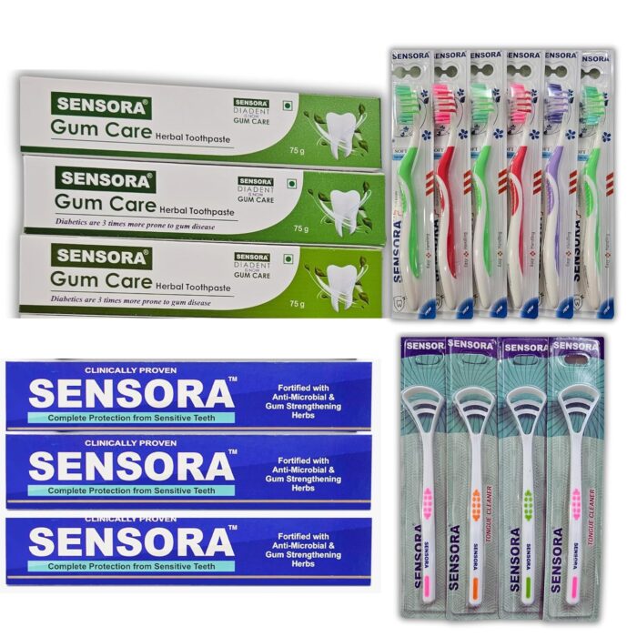 Sensora Combo Pack | 3 Sensora, 3 Gumcare, 6 Free Brushes, 4 Tongue Cleaners | Sensitivity and Cold Relief, Dry Mouth, Soothing, Freshness, Fresh Breath, Moisturizing, Plaque and Bad Breath Control