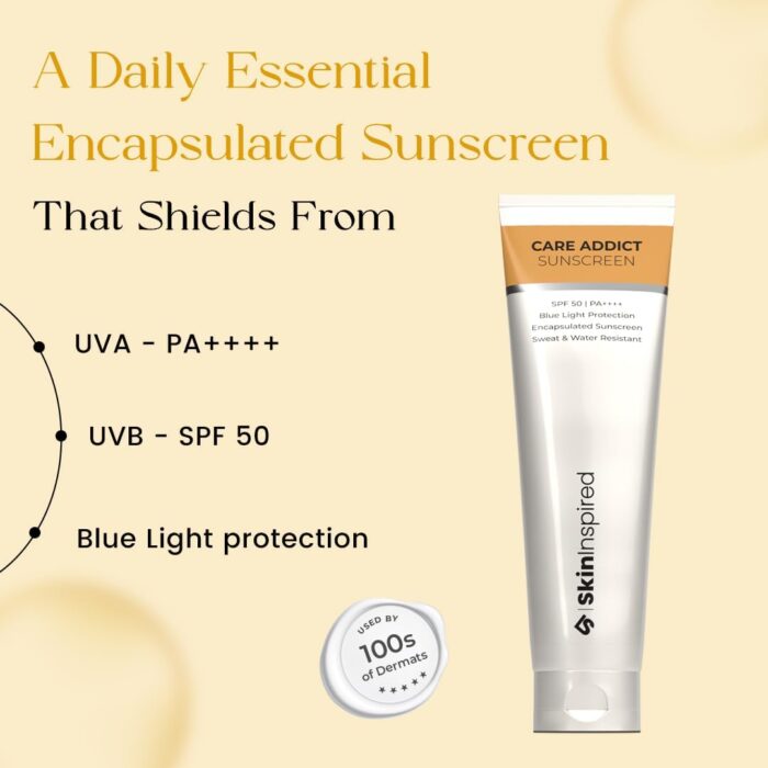 SkinInspired Care Addict Encapsulated Sunscreen SPF 50 PA++++ Broad Spectrum, UV A, UV B & Blue Light Protection|Ceramides, Hyaluronic Acid|Men & Women|Water resistant & Fragrance free(Pack Of 2)-150g