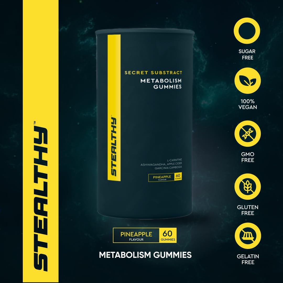 Stealthy Secret Substract Metabolism Gummies With Garcinia, Green Coffee Extract for Fat Burning, Metabolism Booster, Sugar-Free, 100% Vegan & Gluten-Free - Pineapple, 60 Gummy Each (Pack of 2)