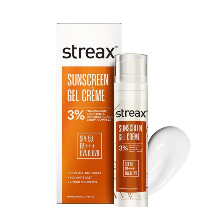 Streax Sunscreen Gel Crème SPF 50 PA+++, 50g | 3% Niacinamide | Serum Infused Sunscreen | Non-Oily, No White Cast | Hydrating & Brightening