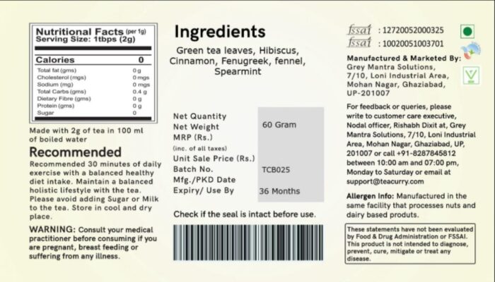 TEACURRY Slimming Tea For Weight (60 Tea Bags, Free Diet Chart) - Helps With Weight, Tummy And Ageing - Ginger, 120 Gram