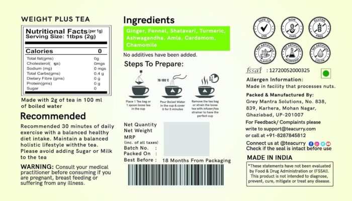 TEACURRY Weight Plus Tea (30 Tea bags) - Helps in Gaining Mass - Men & Women | Green Tea Weight plus and Ayurvedic Tea for Manage weight | 100% Natural Herbal Tea