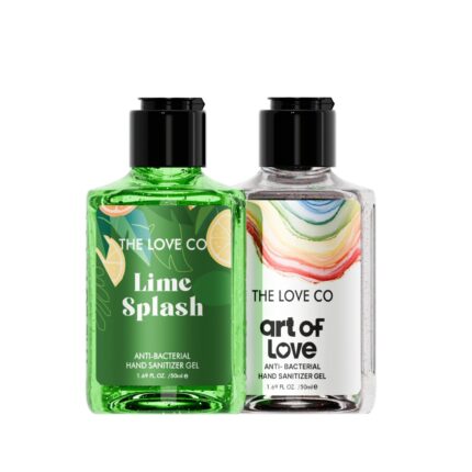 THE LOVE CO. Small Hand Sanitizer Gel 50ML | 80% Alcohol Based, Quick-Drying & Non-Sticky | 99.9% Germ Protection for All Skin Types | 100% Vegan | Buy 1 Get 1 Free (Lime Splash & Art of Love)