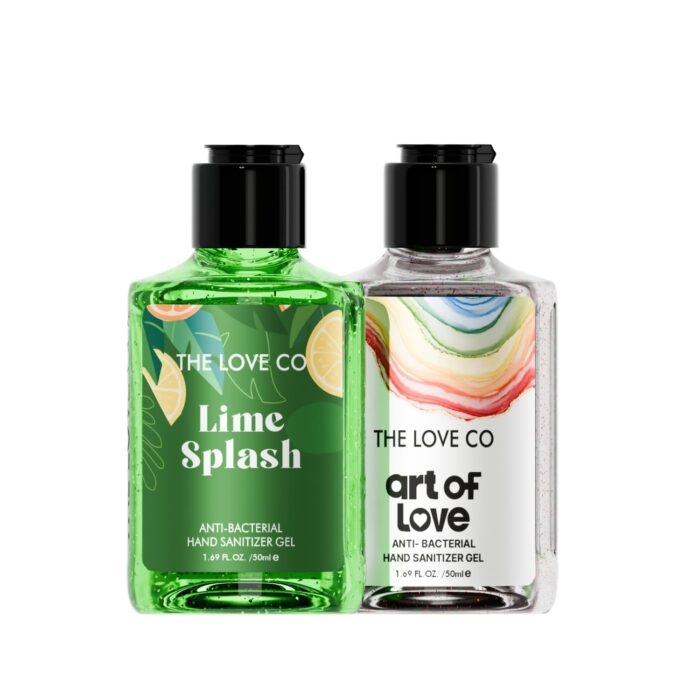 THE LOVE CO. Small Hand Sanitizer Gel 50ML | 80% Alcohol Based, Quick-Drying & Non-Sticky | 99.9% Germ Protection for All Skin Types | 100% Vegan | Buy 1 Get 1 Free (Lime Splash & Art of Love)