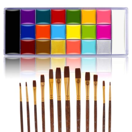 THR3E STROKES Face Paint Makeup Palette Professional 20 Colors Body Paint Oil Halloween Cosplay Party Stage Fancy Painting Kit Non Toxic Palette with 12 Flat Brush