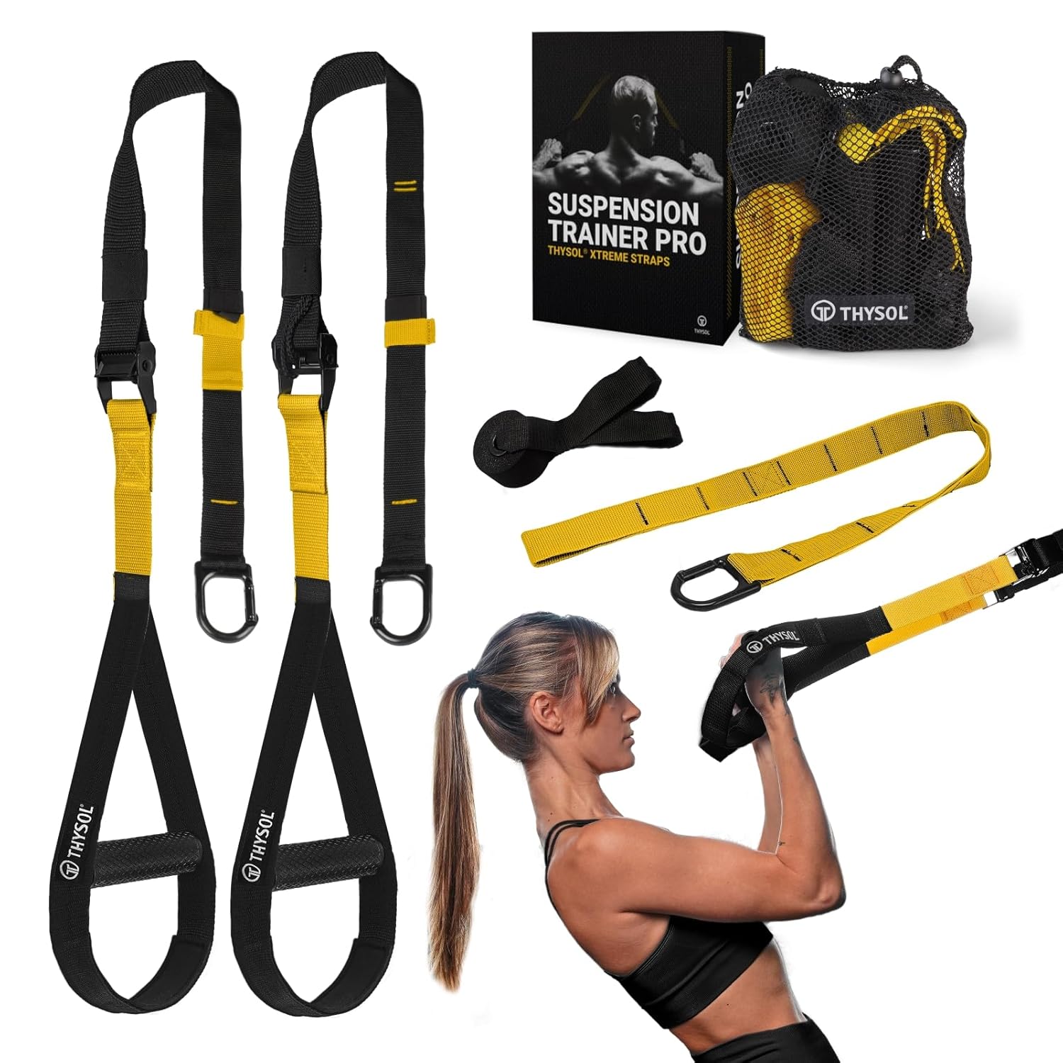 THYSOL® Resistance Trainer Pro Xtreme Straps Army | Sling Trainer THYSOL® Resistance Trainer Pro Xtreme Straps Army | Sling Trainer Set with Adjustable Door Anchor | Fitness Home Workouts - Suitable for Travelling & for Training Indoor & Outdoor (Yellow)
