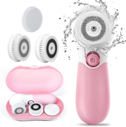 TOUCHBeauty Electric Facial Brush Skin Deep Cleansing Device with 3 Replacement Brush Head, Waterproof Facial Scrubber Exfoliator- Get Rid of Acne,Spot,Blackhead Travel Set Light Red (Pink)