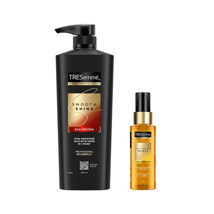 TRESemme Ultra Shine Serum Combo (With Heat Protection) for Super shiny Finish - Smooth and Shine 580ml Shampoo and Gloss Ultimate 50ml Serum