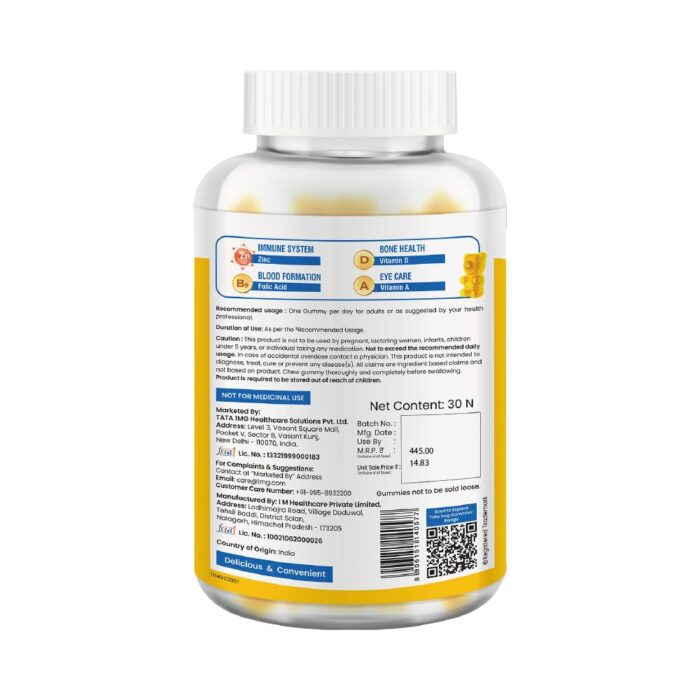 Tata 1mg Multivitamin Gummies With Zinc, Magnesium and Folic Acid for Immunity & Energy (Pack of 30 Gummies, Lemon Flavour)