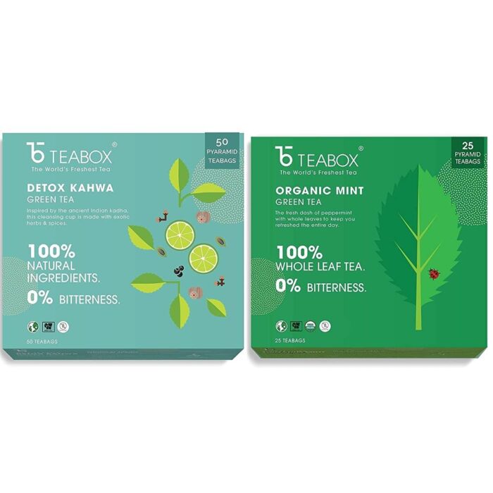 Teabox Detox Kahwa Green Tea 50 Teabags | Made with 8 Natural Ingredients | Helps Cleanse | Immunity Booster | Cold Relief & Teabox Organic Green Mint Tea 25 Teabags