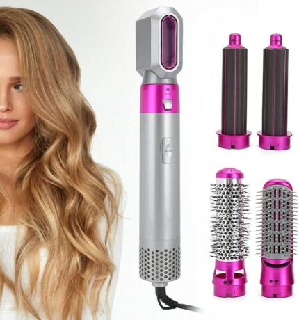 Techking (20 Years Warranty) 5 In 1 Hair Styler, Hot Air Brush, Airwrap Styler, Negative Ion Comb For Straightening,Curling Appliances With 5 Interchangeable Brushes Best Styler For Women-Pink