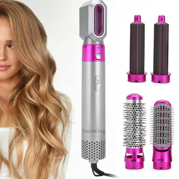 Techking 𝟏𝟓 𝐘𝐄𝐀𝐑𝐒 𝐖𝐀𝐑𝐑𝐀𝐍𝐓𝐘 5-in-1 Hot Air Styling Tool – Hair Dryer Comb for Straightening, Curling, Drying, and Scalp Massaging with Professional Heat Settings and Ceramic Technology-PINK