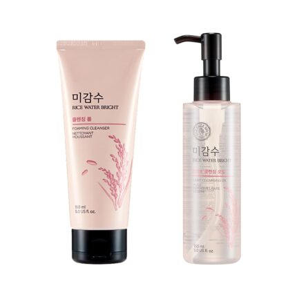 The Face Shop Rice Water Bright Double Cleanser Set – Light Cleansing Oil (150ml) & Foaming Face Wash (150ml) | Korean Skincare with Rice Extract | Removes Makeup, Deep Cleanses, Brightens & Hydrates | 2-Step Facial Cleanser Duo