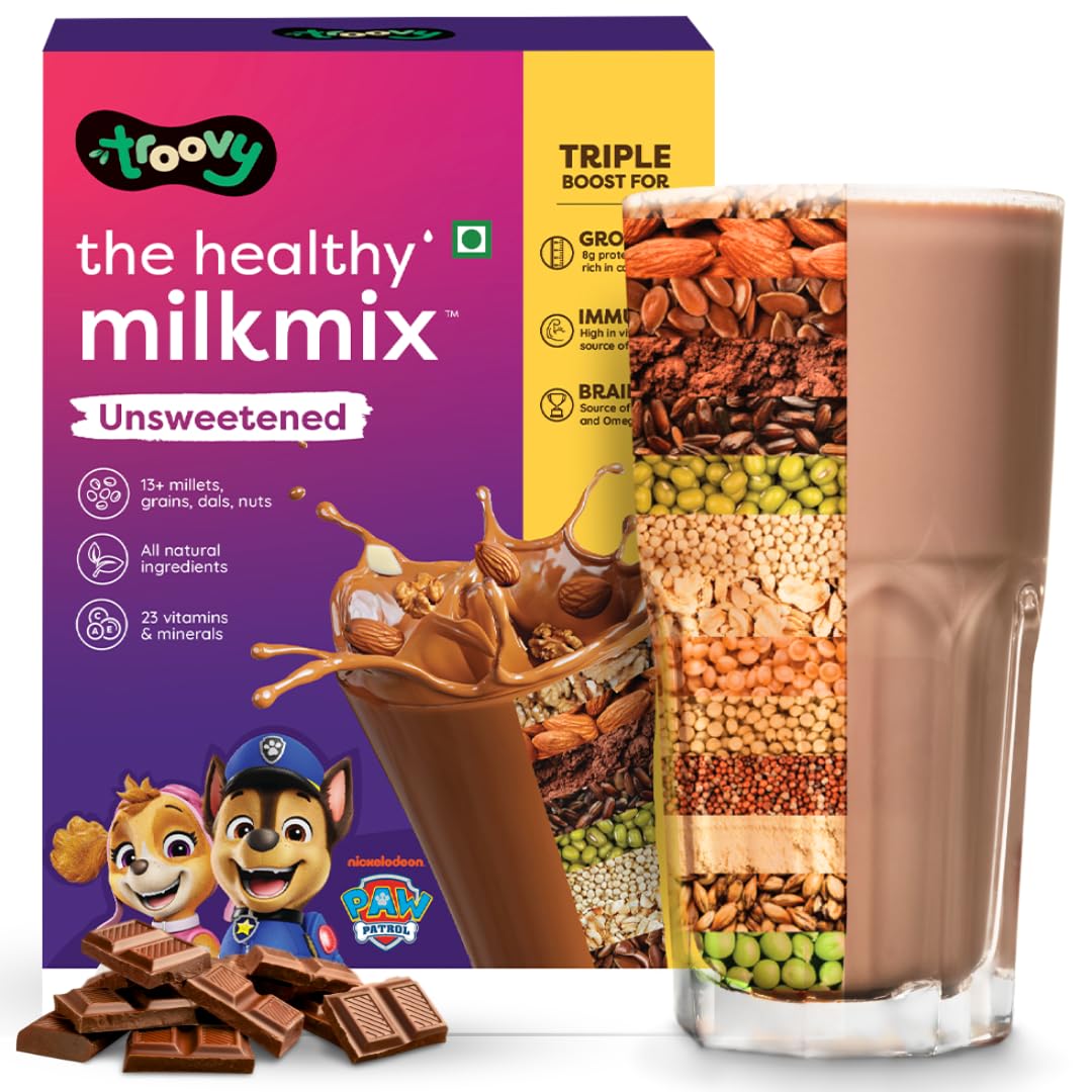 Troovy Unsweetened Protein Milkmix | 60% Of Daily Protein Need | High In Calcium, Omega-3, Vitamin B12 and Vitamin D | All Natural, No Preservatives and Chemical Free | Chocolate Flavoured | Plant Protein, Made with 13 millets and grains