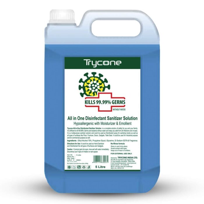 Trycone Hand Sanitizer Liquid Refill Pack 5 Ltrs, Kills 99.9% Germs, WHO Recommended Formula, FDA Approved, 70% Alcohol, Multipurpose Disinfectant for Hands & Surfaces, Made in India