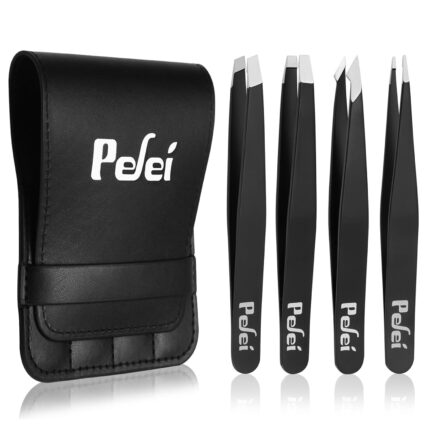 Tweezers Set 4-Piece - Professional Tweezers for Eyebrows - Great Precision for Facial Hair, Ingrown Hair, Eyebrow, Splinter, Blackhead and Tick Remover - Black