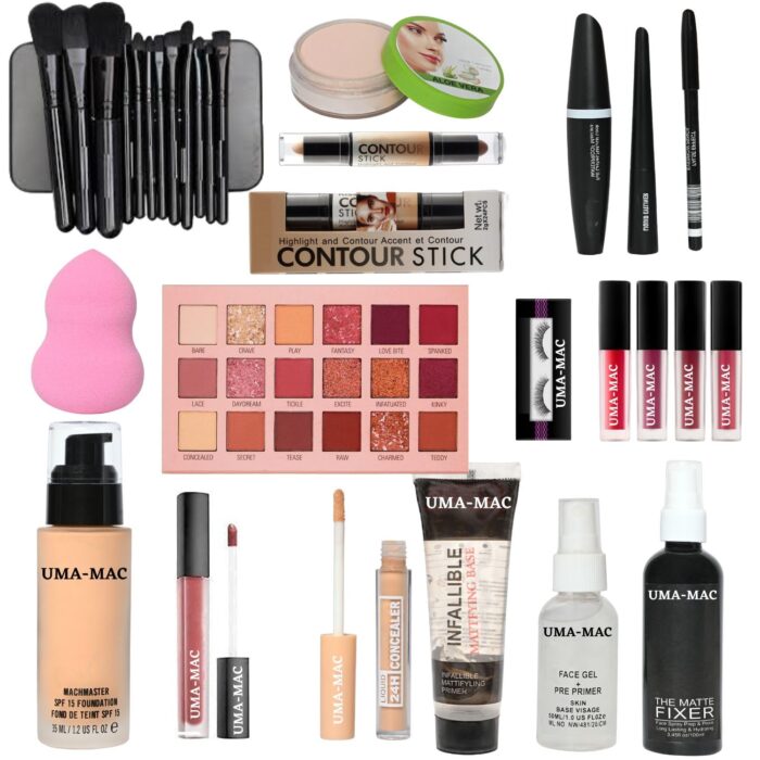 UMA MAC COMBO MAKEUP KIT FOR GIRLS & WOMEN SET OF 19 FOUNDATION, EYELINER, MASCARA, EYEBROW PENCIL, FIXER, PRIMER, EYESHADOW, LIPSTICK, CONTOUR STICK, CONCEALER, EYELASHES