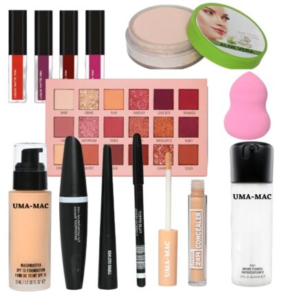 UMA MAC COMBO Makeup Kit For Women & Girls set of 13 With Foundation, Primer, Eyelinear, Mascara, Eyebrow Pencil, Concealer, Eyeshadow, Lipsticks, Loose Powder, Puff