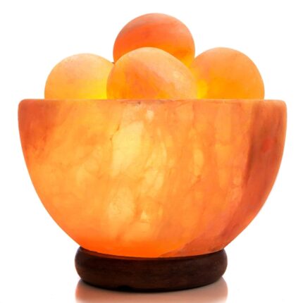 UMAID Natural Himalayan Sea Salt Lamp Bowl with 6 Heated Salt Massage Balls, Bulb with Dimmable Switch, Rose Orange Massage Ball Salt Lamp