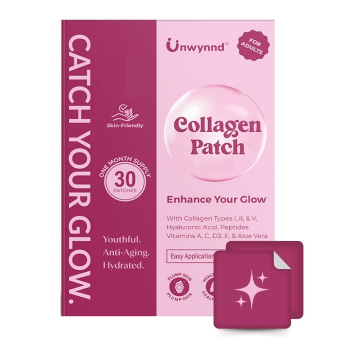Unwynnd Collagen Patches For Women & Men | Marine Collagen Types 1,2 & 5 For Skin Glow, Joint Support, & Healthy Hair & Nails With Vitamin C, Bioflavonoid, Hyaluronic Acid | Skin-Friendly 30 Patches