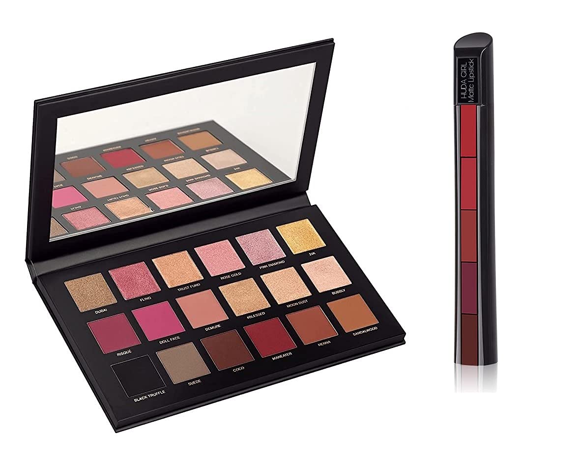 Urban SS Makeup Kit for Girls, Lipstick Combo Set 5 fabulous Shades in 1 Red Edition Matte Finish Lipsticks with Rose Gold Edition 18 Shades Eyeshadow Palette - Multicolor