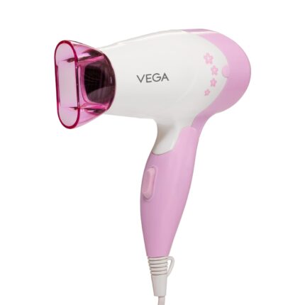 VEGA Insta Glam Foldable 1000 Watts Hair Dryer With 2 Heat & Speed Settings, VHDH-20, White & Pink (Made In India)