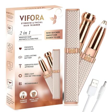 VIFORA 2-in-1 Eyebrow Trimmer for Women - Facial Hair Remover Machine For Women - Face,Upper Lips,Cheek, Chin and Nose Hair Remover, USB RECHARGEABLE Epilator With Ring Light (2IN1-Gold)