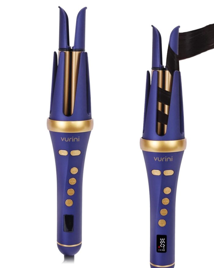 VURINI Automatic Curling Iron - 1.25" Rotating Curling Wand with 7 Temp. & 5 Timers Setting for Different Hair Types, Safe Auto Shut-Off, Easy to Use Hair Curler for Long Lasting Waves (Blue)