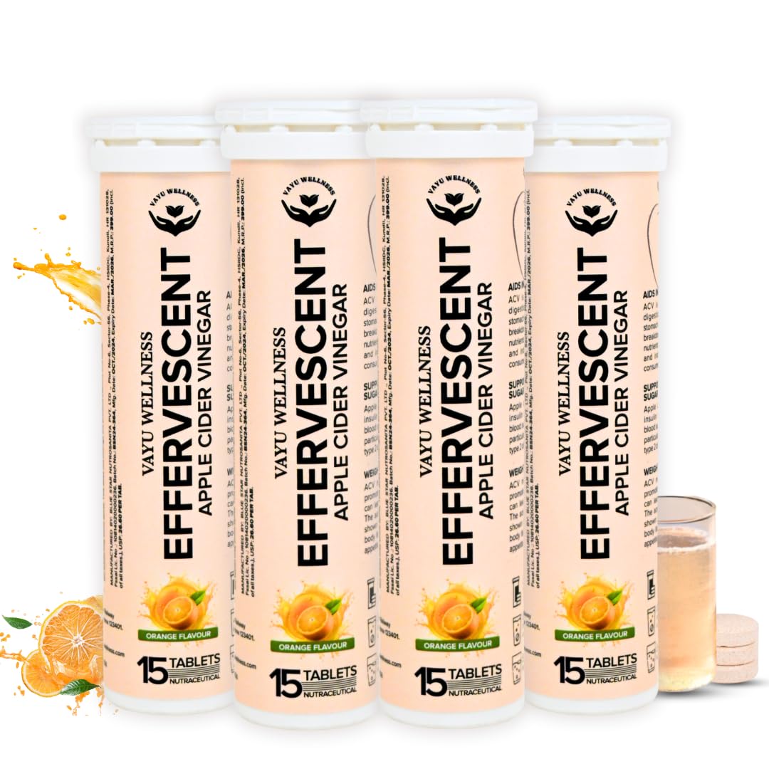 Vayu Wellness Apple Cider Vinegar Effervescent Tablets (60 Count), Apple Flavour ACV Supports Digestion, Weight Management & Wellness, Weight Loss Tablets for Mothers (Pack of 4)