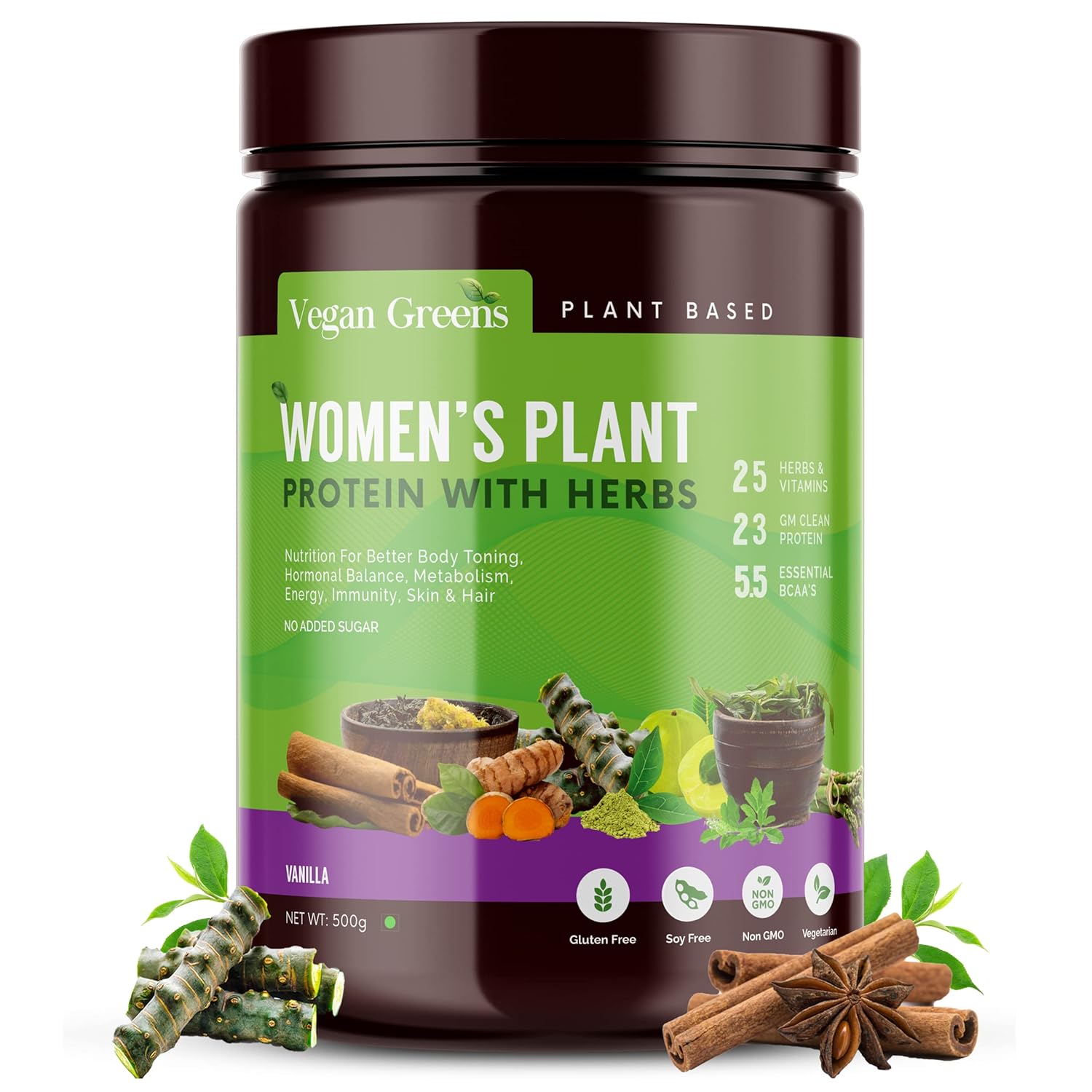Vegan Greens Women Plant Protein With Ayurvedic Herbs- Natural Clean Plant Protein, Herbs, Vitamins & Minerals For Hormonal Balance, Metabolism, Skin, Hair, Stress & Energy (500g, Vanilla)