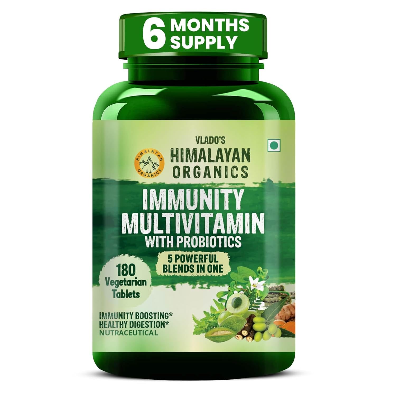 Vlado's Himalayan Organics Immunity Multivitamin With Probiotics | Vitamin B1,B2,B3,B5,B6,B12,A,E,k,D3, Zinc, Giloy, Calcium | 40+Vital Nutrients for Overall Health, Radiance, Strong Bones & Immunity - 180 Veg Tablets
