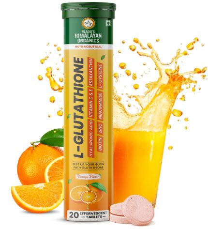 Vlado's Himalayan Organics L-Glutathione - 600MG with Hyaluronic Acid, Niacinamide, N-Acetyl Cysteine - 500mg, Biotin, Zinc, Vitamin C, E & Astaxanthin For Healthy Glowing and Radiant & Youthful Skin & Anti-Pigmentation | 20 Effervescent Tablets - Pack of 1