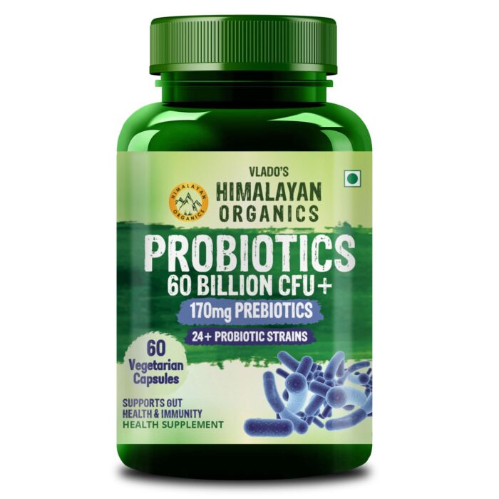 Vlado's Himalayan Organics Probiotics Supplement 60 Billion CFU+ Gut Health Supplements with Prebiotic I 24+ Probiotic Strains | Clinically Proven | Probiotics Supplement for Gut Health - Men & Women – 60 Capsules
