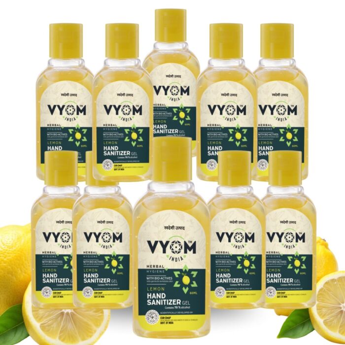 Vyom India Hand Sanitizer Gel, 70% Alcohol Based Hand Sanitizer Liquid, Herbal Lemon Sanitizer Gel, 99.99% Effective Against Germs, Anti Bacterial & Skin Friendly - 60ml X 10