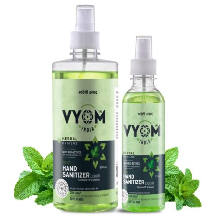 Vyom India Hand Sanitizer Spray, 70% Alcohol Based Hand Sanitizer Liquid, Herbal Mint Sanitizer Spray, Anti Bacterial & Skin Friendly - Pack of 2 (500+250) ml