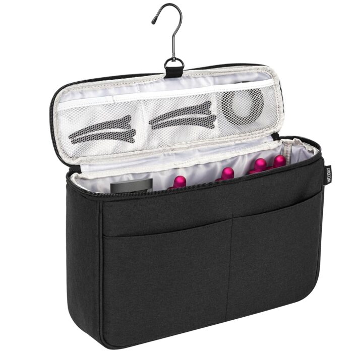 WELIDAY Travel Storage Bag Compatible with Dyson Airwrap Styler, Portable Travel Organizer for Hair Curler and Attachment with Multi-pockets, Black, 13.8 x 3.5 x 8", Top Open Design