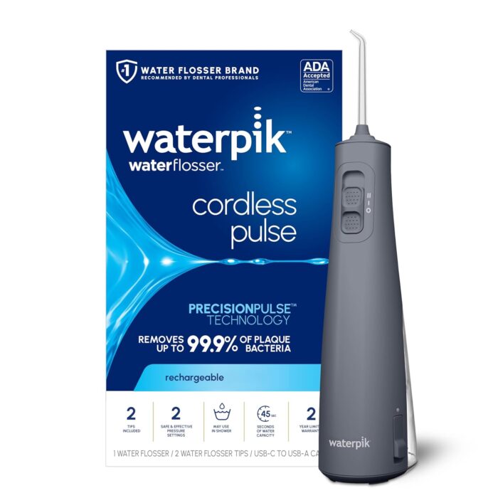 Waterpik Cordless Pulse Rechargeable Portable Water Flosser for Teeth, Gums, Braces Care and Travel with 2 Flossing Tips, Waterproof, ADA Accepted, WF-20 Gray, WF-20CD017