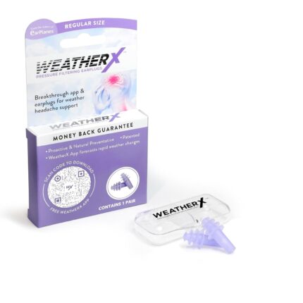 WeatherX Headache Prevention– Pressure Filtering Earplug for Shifts in Barometric Weather Pressure, Download Free Alert app (Regular 1 PK)