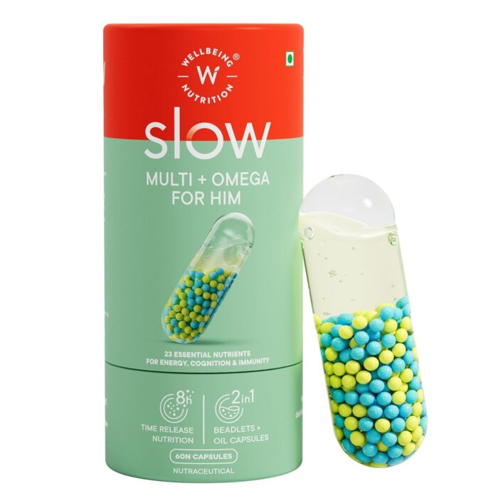 Wellbeing Nutrition Slow Multivitamin + Omega 3 for Men with Probiotics, B-Complex, Ginseng, 23 Vitamins & Minerals, 15 Antioxidants | Stamina, Metabolism, Bones, Immunity, Digestion, 60 Veg Capsules