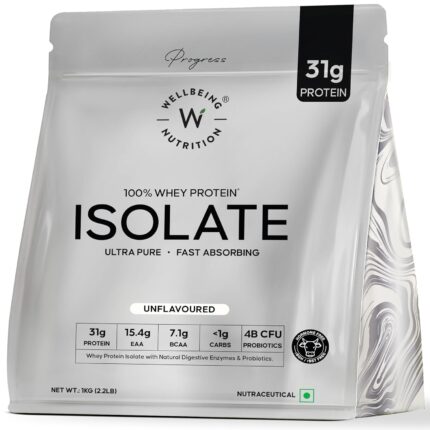 Wellbeing Nutrition Whey Protein Isolate 1kg Unflavoured | 31g Protein, 7.1g BCAA | 4B CFU Probiotics & Natural Digestive Enzymes | Fast Absorbing, No Bloating, Easy to Digest | Faster Muscle Recovery